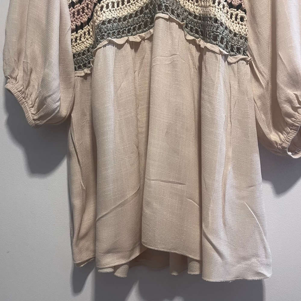 Easel Los Angeles Boho Crochet Babydoll Top Cottagecore Neutral Blouse - Picture 9 of 10